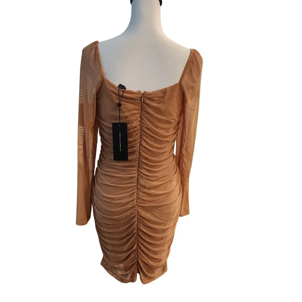 FRENCH CONNECTION Toni Ruched Mesh Long Sleeve Bodycon Mini Dress Blush Size‎ M